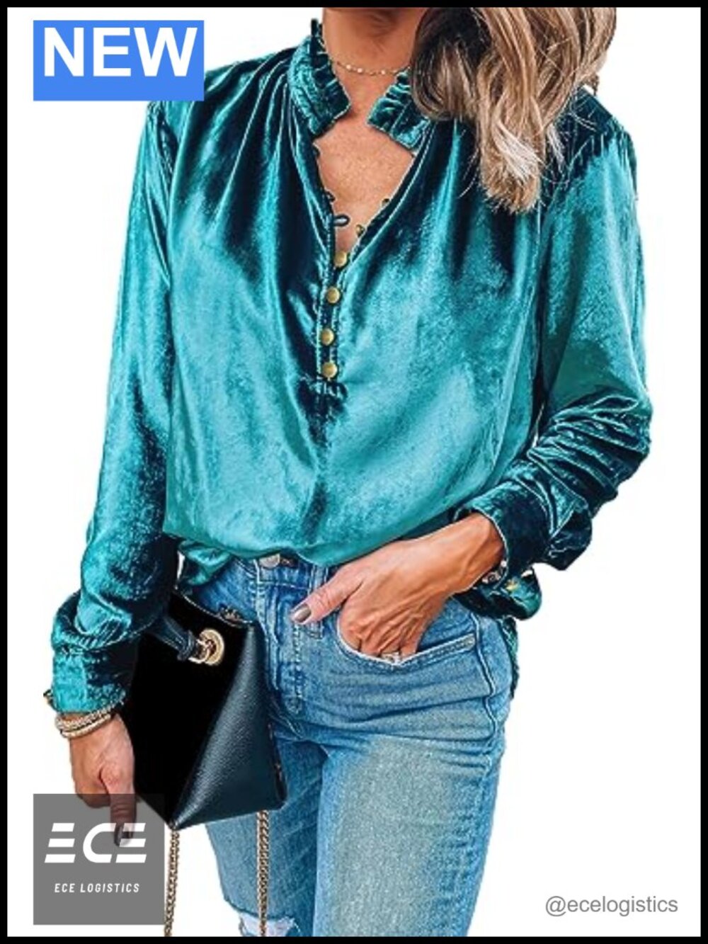 Velvet Long Sleeve V Neck Buttoned Front Blouse Casual Fall Top